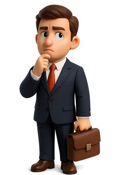 A 3D cartoon businessman in a navy suit and red tie holds a briefcase and thoughtfully touches his chin, looking pensive or concerned.