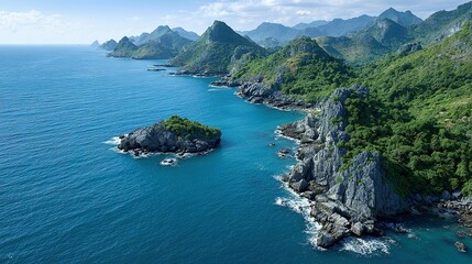 Lush coastal landscape with islands and mountains.