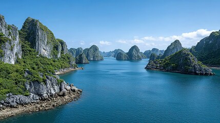 Picturesque limestone karsts and tranquil waters.