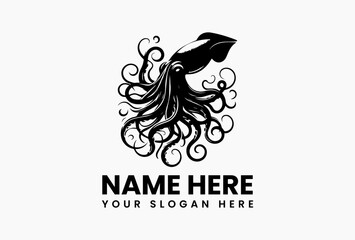 Intricate black octopus design with swirling tentacles on a clean white background. Marine life concept