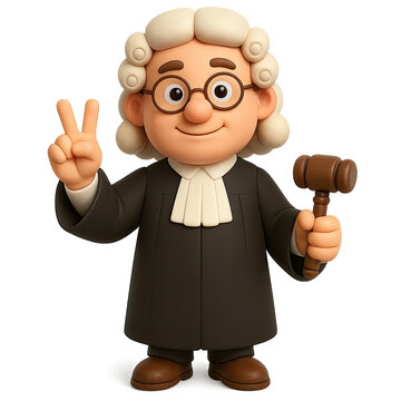 A friendly 3D cartoon judge with glasses, a white curly wig, black robe, and white jabot holds a gavel and makes a peace or victory sign. Modern and positive.
