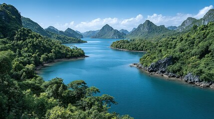 Fototapeta premium Lush greenery meets azure waters in a secluded bay.