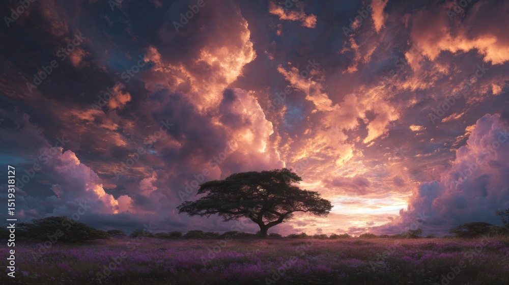 Aufkleber vibrant sunset colors fill the sky with dramatic clouds as a solitary tree stands in a field of flow