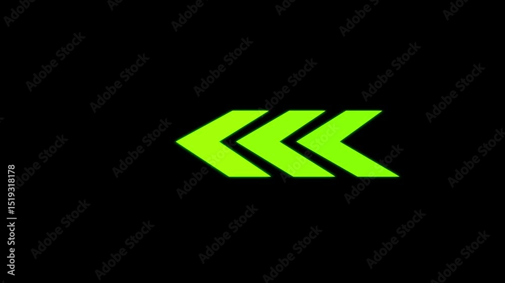 Poster animated neon green arrows pointing left on a black background for digital ui design and motion grap