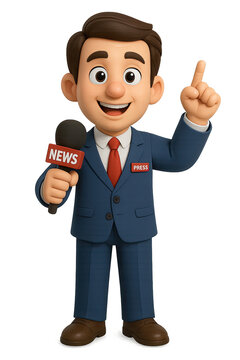 An enthusiastic 3D cartoon news reporter in a navy suit, red tie, and "PRESS" badge holds a "NEWS" microphone and points upwards, having an idea or emphasizing.