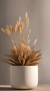 Brown dried plant matter overflows from a light colored ceramic planter 4K vertical