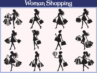 Woman shopping silhouette set vector illustration
