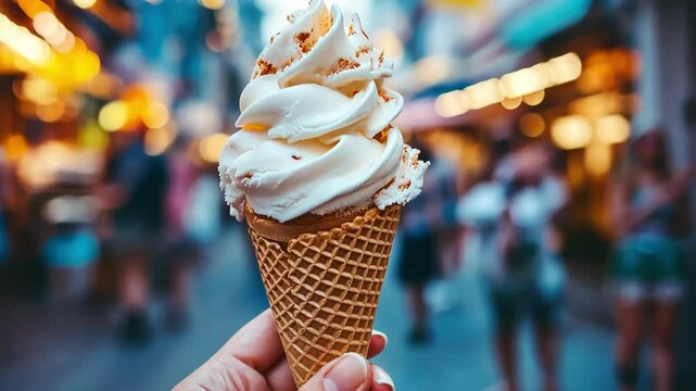 Hand holding a vanilla ice cream cone outdoors with blurred people, lights. Delicious dessert concept.