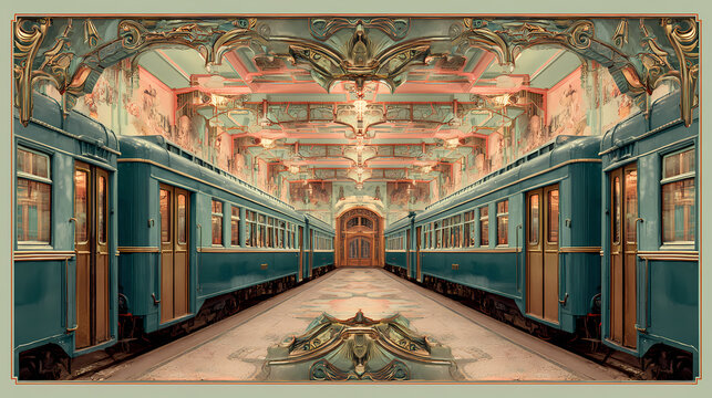 poster for whimsical drama | personal myth | bittersweet warmth | muted pastel tones | stage-like layout | ornate lobbies | pastel color overlay | centered framing | vintage train journey |