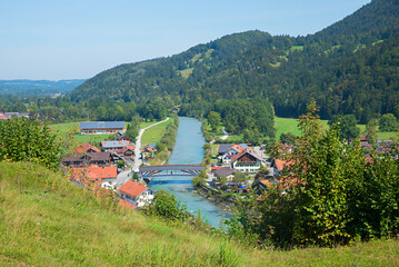 view from calvary hill Eschenlohe to the village and Loisach river with bridge, upper bavaria