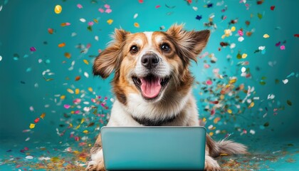 Playful Pup Celebrates Colorburst Party Against a Turquoise Backdrop, Catching the Creative Energy of a Festive Scene on a Digital Canvas.