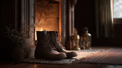 Obraz premium Worn Boots Resting by the Cozy Fireplace in a Grandmother's Warm Living Room Setting