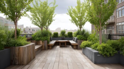 Urban Rooftop Garden with Green Plants and Seating Arrangement for Relaxation and Nature Enjoyment