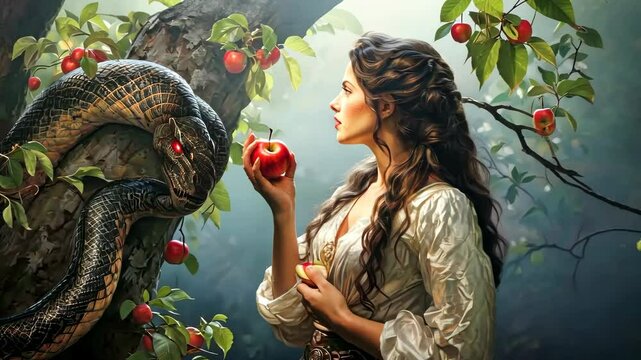 A woman in paradise with the forbidden fruit in her hand
