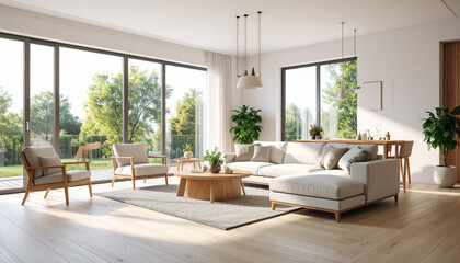 Minimalist Room Interior With Sunlight modern living space; stylish furniture