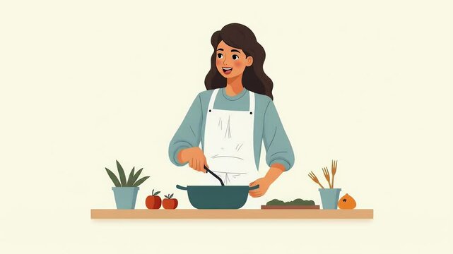 Woman Cooking in Kitchen - Vector Illustration