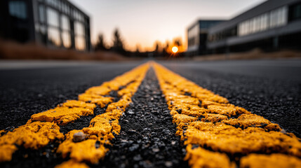 Empty road leading to a modern building with clean lines, bathed in soft afternoon light, conveying minimalist serenity.