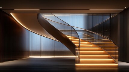Illuminated, modern staircase with glass railing
