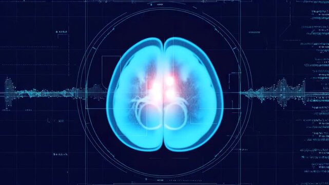 MRI-like rotating cross-section of a brain, data overlays animating &mdash; medical scan loop.