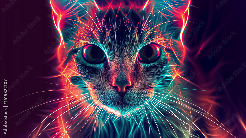 Poster This digital cat hologram floats softly, projecting glowing colors and creating a friendly ambiance.