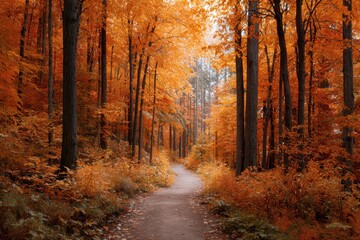 Obraz premium Vibrant Autumn Trail in Dense Forest Filled with Fiery Orange and Red Foliage