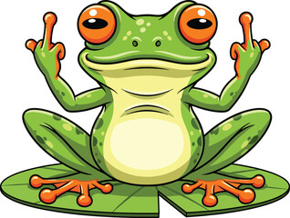 Cartoon frog flipping the bird cartoon illustration with a humorous and defiant gesture.