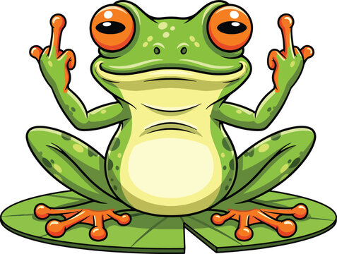 Cartoon frog flipping the bird cartoon illustration with a humorous and defiant gesture.