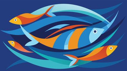 Stylized Fish Swimming in a Blue Ocean with Abstract Waves