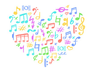 Heart shape filled with musical icons set. Cute underline symbols charcoal stamp texture and kindergarten color. Colorful music note, lightning and love signs collection. Vector card illustration