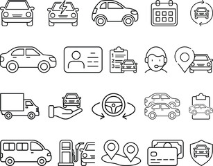 Minimalist Car Service and Management Icon Set in Black Line Art