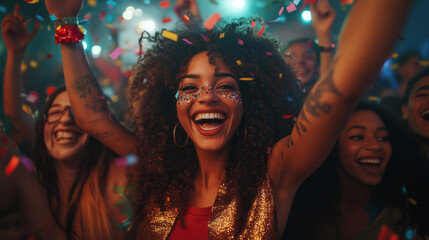 Obraz premium a diverse group of young adults cheering and throwing confetti in the air under festive lights during a New Year’s Eve celebration, everyone smiling and full of excitement