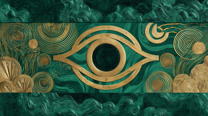 luxury brand identity | eternal kiss | eternal devotion | emerald and copper | flattened dimension | gold spirals | iconographic eye symbol | ornamental layering | romantic decay | aesthetic