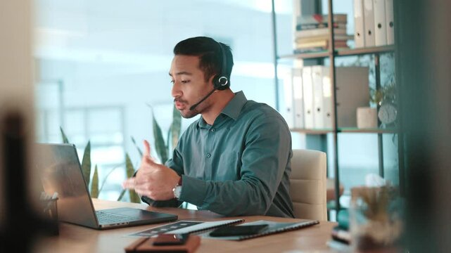 Headset, man and customer service agent in office for international consultation with translation. Mic, laptop and male call center consultant with multilingual support for global client online.