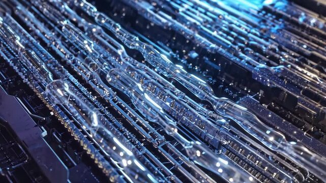 Nanobots assembling in a microchip environment, moving in synchronized patterns &mdash; biotech loop.