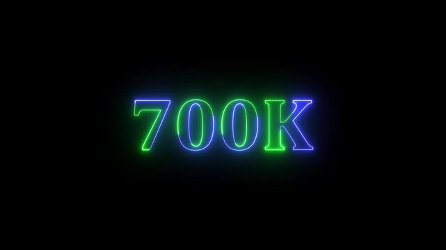 Neon 700k text animation on black background glowing graphic display for social media and promotional content