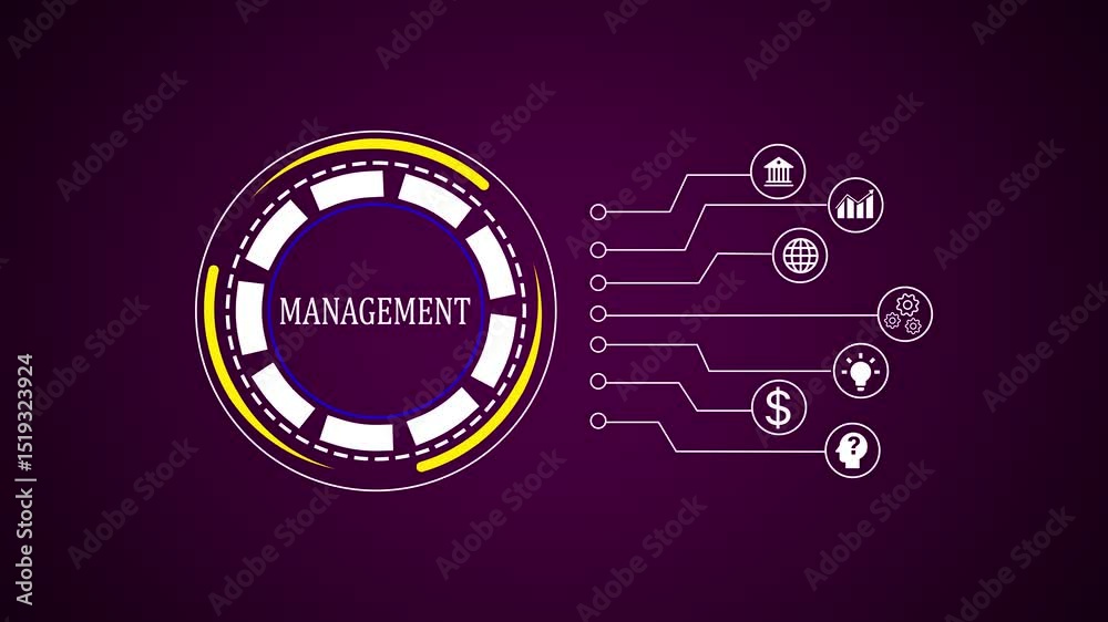 Poster animated circular interface demonstrating management in a digital environment on a gradient purple b