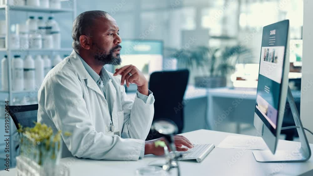 Poster black man, scientist and thinking with computer in lab for medical research, botany and solution. pe