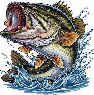 Illustration of a jumping largemouth bass in water splashes ready to attack