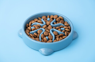 Cat and dog blue slow Feeding Bowl on blue background