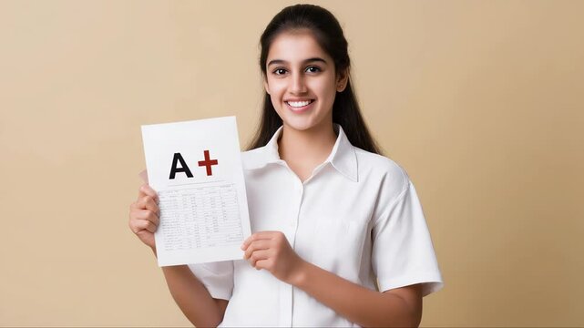 Young Indian student proudly displaying perfect A plus grade test result, radiating joy and academic achievement against neutral beige background - Powered by Adobe