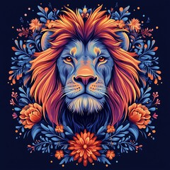 Obraz premium Vibrant lion portrait, floral frame
