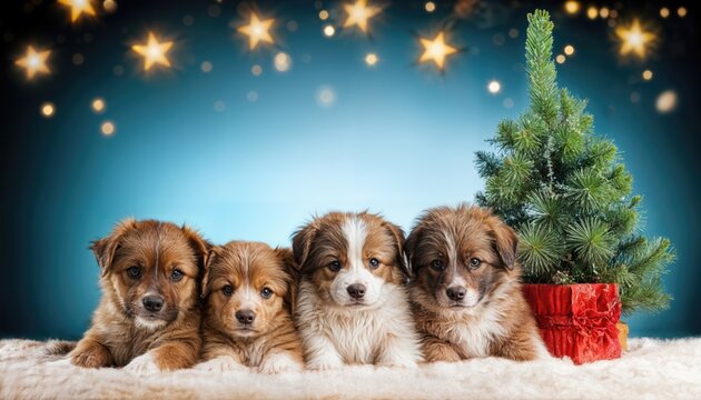Cute Puppies Celebrating Happy New Year in , Radiant Spirits Filling a Cozy Living Room with Joy and Festive Cheer, Capturing the Playful Energy of Mans Best Friend Ringing in the New Year.