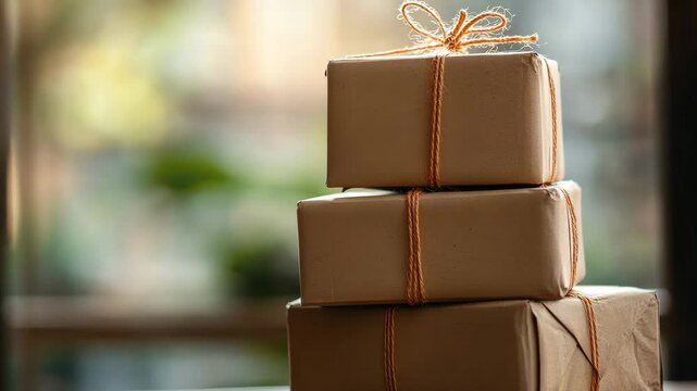 Three stacked craft brown paper packages tied with twine create a lovely pile, hinting at possible gifts inside.copy space, delivery concept