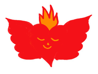 Red flame and phoenix doodle with whimsical wings and eyes