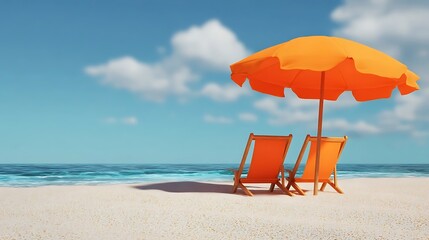 Beach umbrella and chairs on golden sand, summer relaxation and getaway concept