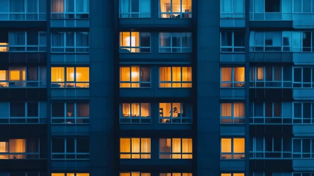 windows of tall apartment building at night with light on