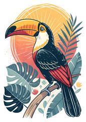 A colorful toucan perches gracefully, surrounded by lush tropical foliage.