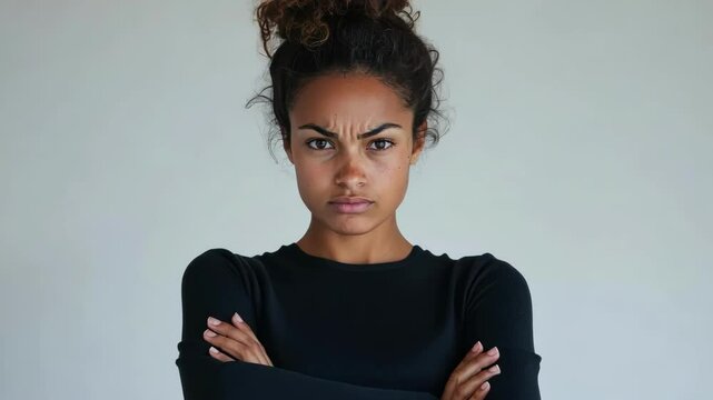 Serious woman with arms crossed, looking concerned, expressing negative emotion, discontent.