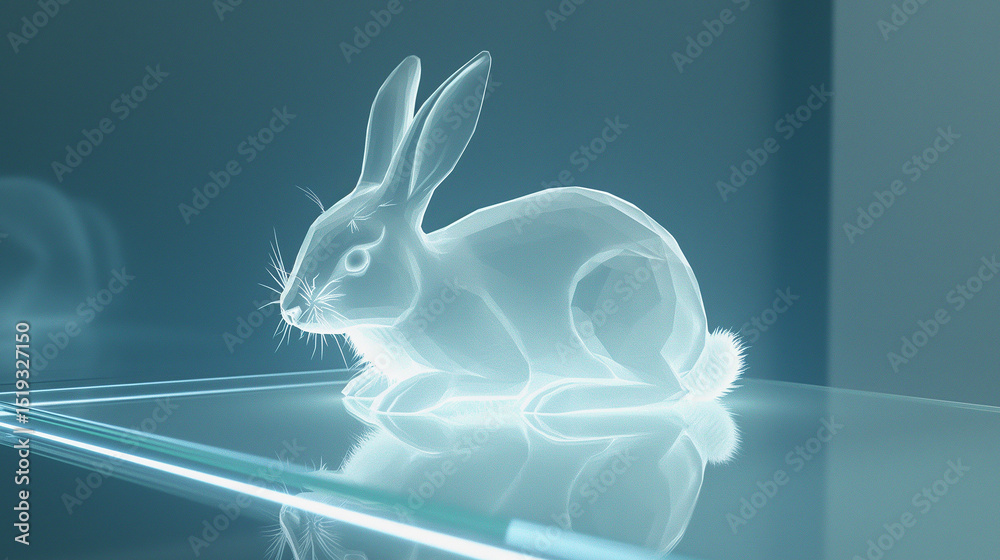 Poster this transparent rabbit hologram floats on a sleek surface, showcasing advanced digital tech.