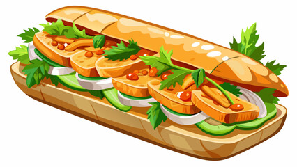 Crisp baguette filled with marinated tofu, pickled carrots, cucumber, cilantro, and sriracha mayo, close-up view on white background showing the perfect East-meets-West vegan balance.